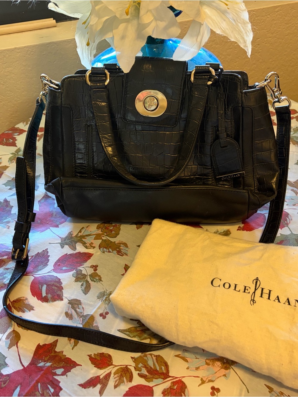 Cole Haan Black Croc-Textured Leather Satchel with Shoulder Strap
